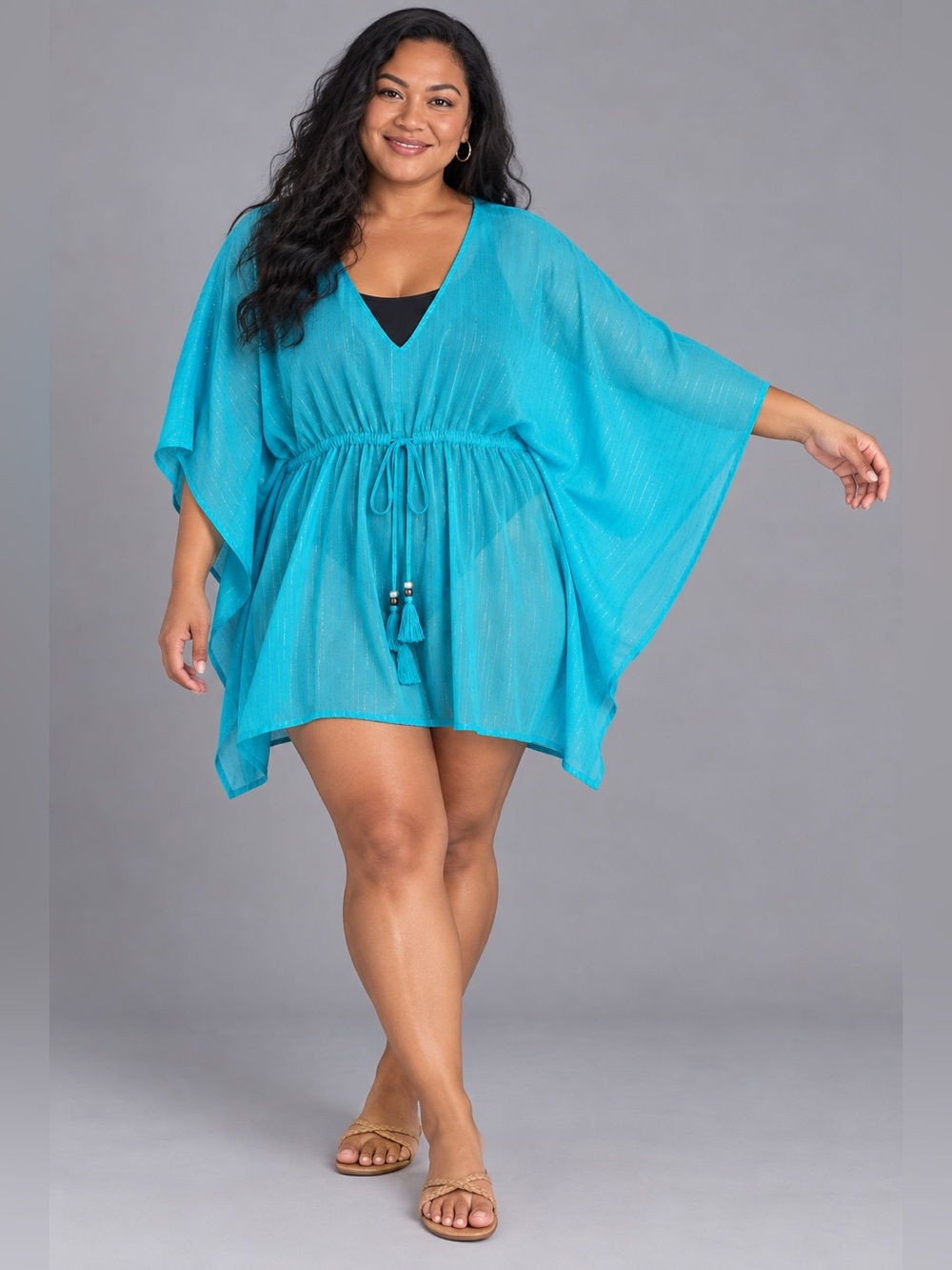 Turquoise Shimmer Caftan Swim Cover Up Beach Resort 10/12